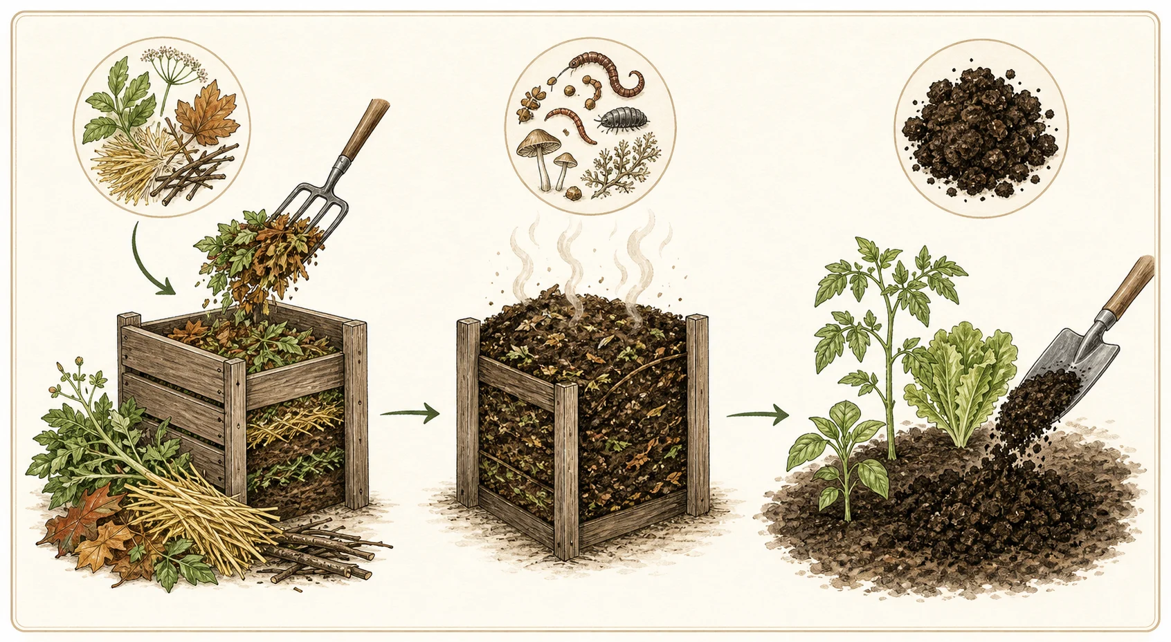 Three-step compost illustration showing garden greens and browns entering a bin, active decomposition, and finished compost added around vegetables.