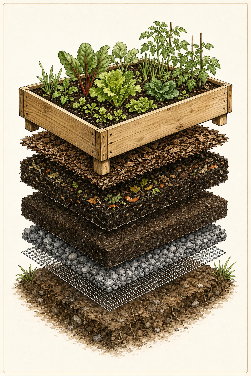 Exploded raised-bed anatomy illustration.